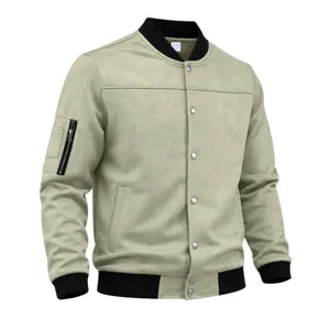 Men's suede bomber jacket detail showing textured fabric, black collar and utility sleeve pocket.