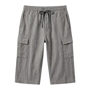 Heren casual linnen cargo shorts, zomer losse rechte capri broek met handige zakken.