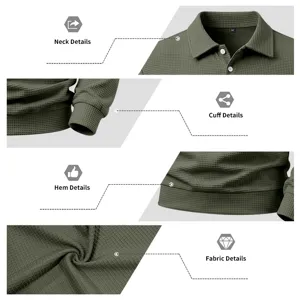 Detailed view of men's waffle knit polo sweatshirt showing collar and fabric texture.