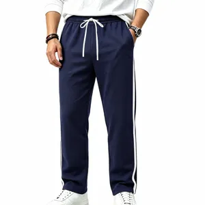Men's casual loose straight-leg sweatpants with contrast stripes, autumn activewear.