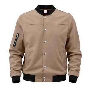 Men's Vintage Suede Pilot Baseball Jacket Casual Loose Stand Collar Outerwear Solid Color Long Sleeve Spring Autumn Coat