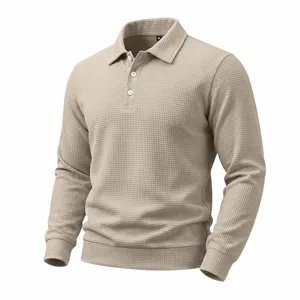 Detailed close-up view of mens khaki waffle knit long sleeve polo shirt showing collar texture.
