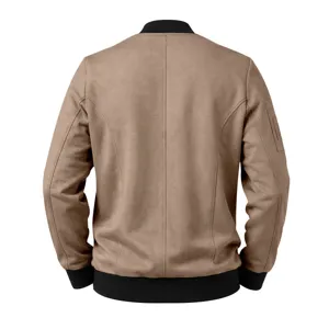 Back view detail of men's vintage suede casual bomber jacket with black ribbed collar.