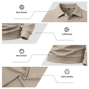 Detailed view of men's waffle knit polo sweatshirt highlighting collar, cuffs, and hem texture.