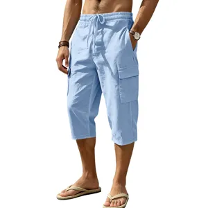 Heren linnen cargo shorts zomer losse pasvorm driekwart casual broek met handige zakken.