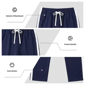 Detailansicht der Freizeithose für Herren mit weißen Seitenstreifen und verstellbarem Kordelzug.