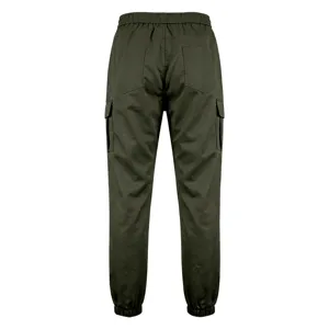 Detailed back view of mens military green cargo pants with multiple pockets and elastic cuffs.