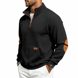Men's quarter-zip waffle knit sweatshirt vintage stand collar pullover with elbow patches.