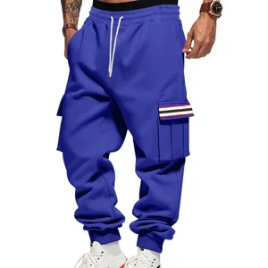 Men's fleece lined cargo sweatpants, casual royal blue activewear trousers with pockets.