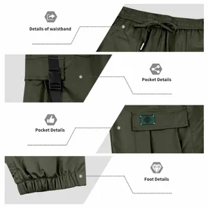 Men's loose cargo pants detail view showing adjustable waistband, pockets, and cuffed hem.