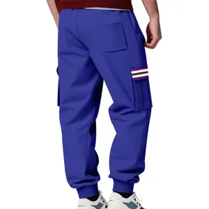 Men's heavy fleece-lined cargo sweatpants casual autumn winter warm royal blue trousers