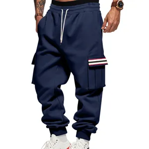 Mens casual fleece cargo sweatpants detail showcasing waist and pocket designers.