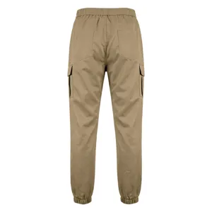 Detailed rear view of khaki cargo pants featuring elastic waistband, cuffs, and utility pockets.
