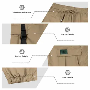 Detailed view of men's casual cargo trousers showing adjustable waistband and pocket features.