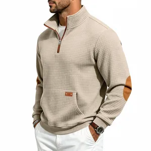 Men's retro half-zip stand collar waffle pullover sweatshirt with elbow patches beige.