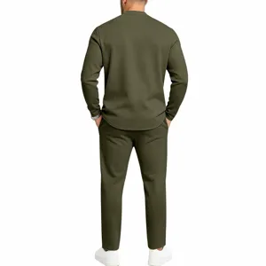 Men casual army green long sleeve henley shirt and straight pants tracksuit set, loose fit.