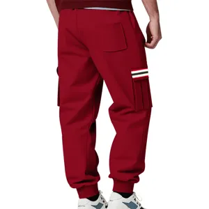 Men's heavyweight fleece cargo sweatpants fall winter casual outdoor sports trousers maroon