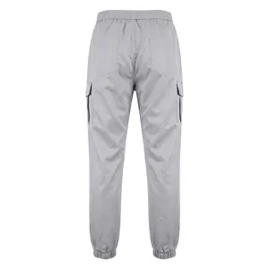 Detail view of mens grey cargo sweatpants back showing utility pockets and cuffed ankles.