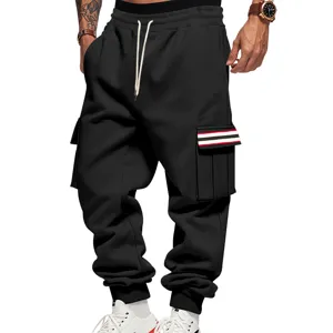 Men black cargo sweatpants casual streetwear outdoor sports trousers with drawstring.