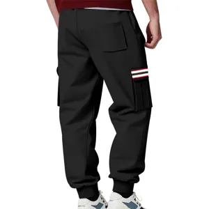 Mens fleece-lined black cargo sweatpants with multi-pockets and stylish side stripe details.