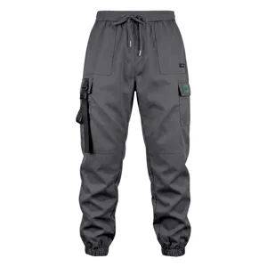 Men dark grey cargo pants tactical joggers casual multi-pocket drawstring athletic trousers