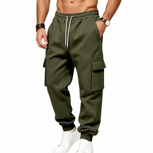 Pantaloni cargo da uomo verdi felpati casual invernali larghi con tasche multiple streetwear.