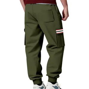 Mens winter fleece-lined olive green cargo sweatpants with stylish pocket stripes.
