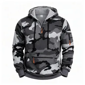 Grey camo half zip hoodie detail view showing multi pockets and fleece lining design.