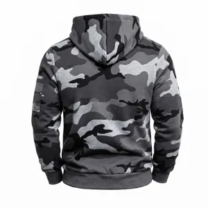 Men's camouflage fleece-lined hoodie with hood and sleeve pocket, casual winter wear.