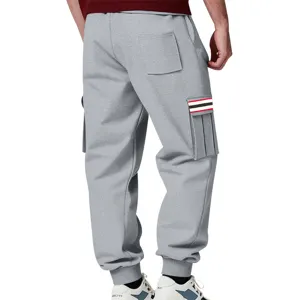 Men's fleece-lined casual cargo sweatpants with side pockets and stylish striped details for winter.