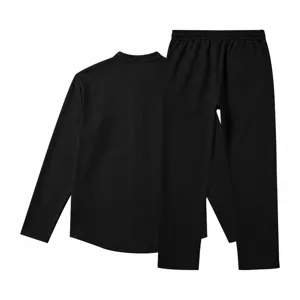 Men's black long sleeve henley shirt and straight leg pants set details view design.