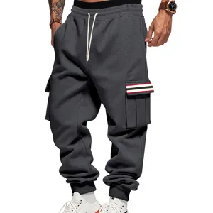 Men fleece-lined cargo sweatpants winter casual thick warm trousers with pockets.