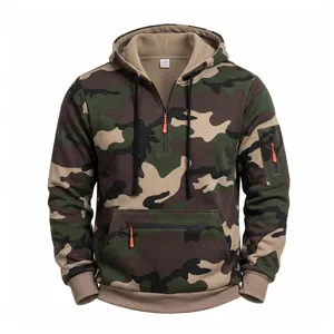 Men's camo fleece-lined half-zip hoodie with multi-pockets and drawstring hood for winter.