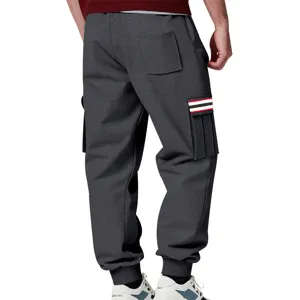 Men's fleece-lined cargo sweatpants casual winter outdoor sportswear dark grey joggers