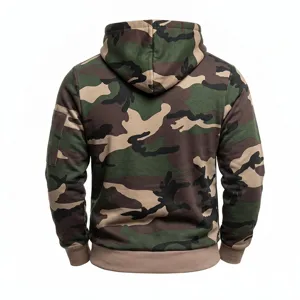 Back detail view of men's tactical camouflage hooded sweatshirt with sleeve pocket and ribbed hem.