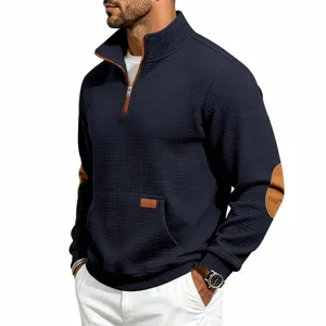 Men's quarter-zip waffle knit sweatshirt vintage casual pullover with elbow patches