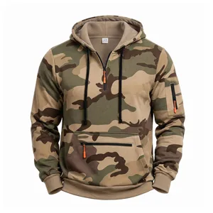 Men's camo fleece half zip hoodie tactical multi pocket knit hooded sweatshirt detail view.