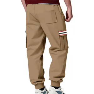 Detailed view of back pocket and stripe design on mens fleece lined khaki cargo sweatpants.