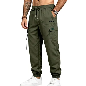 Men's olive green cargo pants with multiple pockets, elastic drawstring waist and cuffed ankles.