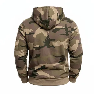 Men camouflage hoodie detail shot showcasing the back design and warm fleece lining fabric.