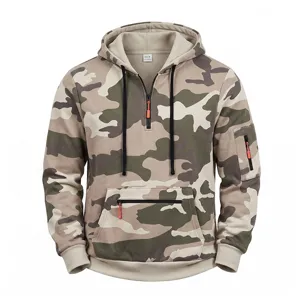 Men's Camouflage Fleece Lined Half Zip Hooded Sweatshirt Winter Outdoor Sports Thermal Pullover Knit Hoodie Top