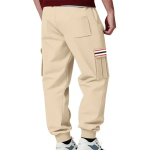 Men's fleece-lined cargo sweatpants in khaki, featuring side pockets and stylish striped detailing.