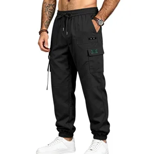 Men's casual multi-pocket cargo jogger pants, comfortable elastic waist outdoor sports trousers.