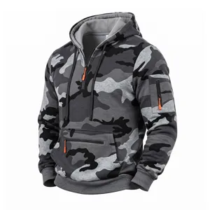 Grey camouflage half-zip fleece-lined hoodie detail, featuring multiple secure zipper pockets.