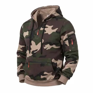 Men's tactical camo half-zip fleece hoodie detail showing pocket and zipper features.