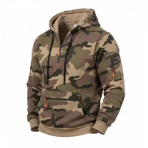 Men's fleece-lined camo half-zip hoodie with multiple pockets and drawstring hood.