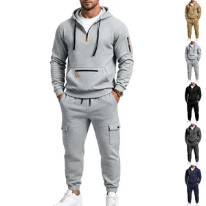 Detail view of men's half-zip hooded sweatshirt and cargo sweatpants set in multiple colors.