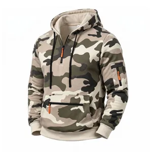 Mens fleece lined camo half zip hoodie with multi pockets tactical knitwear top winter