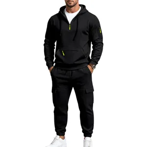 Men's Fleece Lined Hoodie And Cargo Pants Set Casual Outdoor Sportswear Long Sleeve Top And Bottom Tracksuit