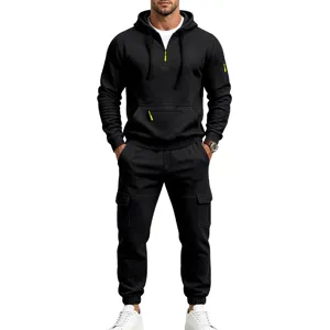 Men's black hoodie cargo set detail, feature zipper pocket and fleece warm design for winter.